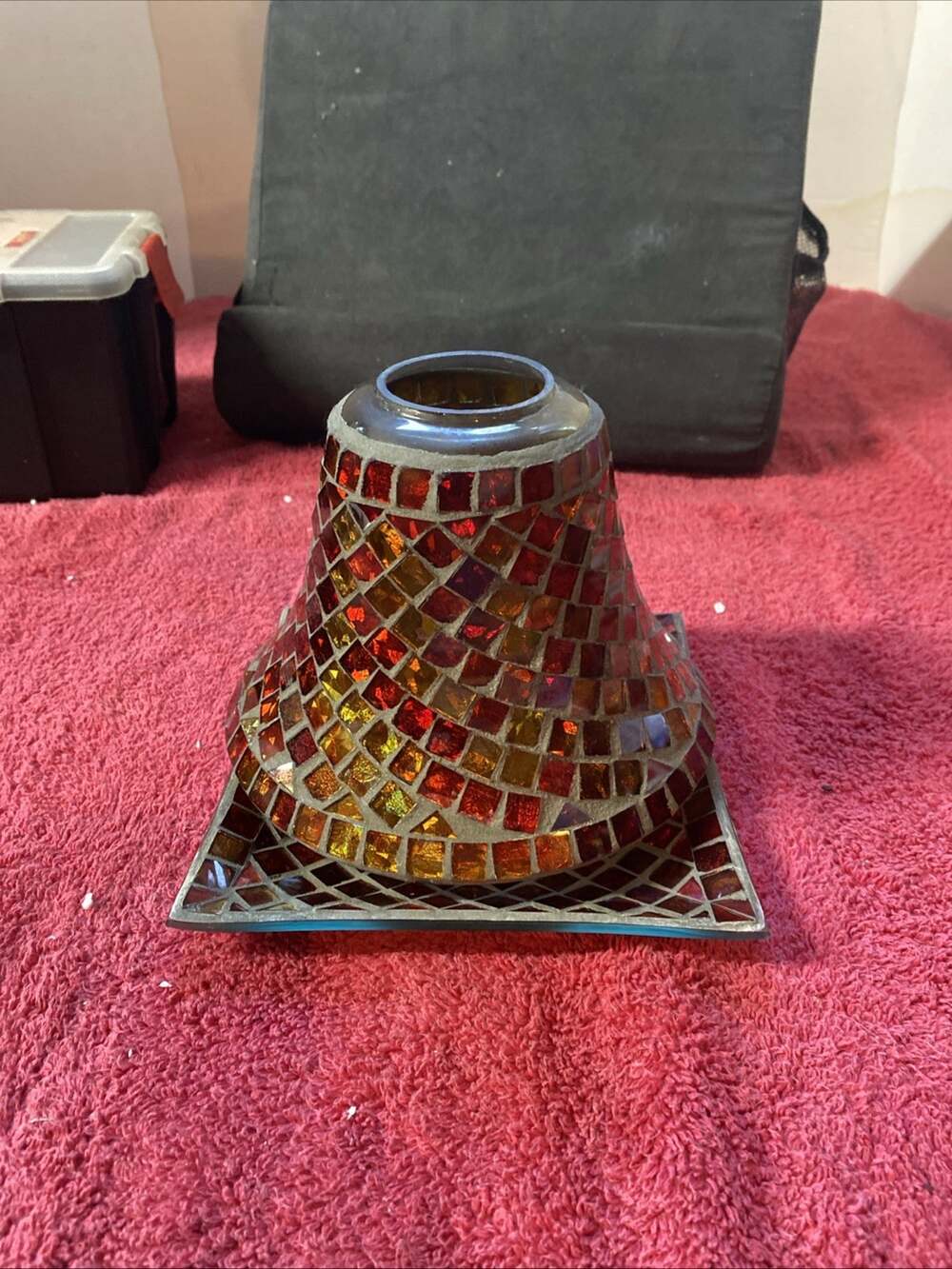 Yankee Candle Jar Lamp Shade Topper Stained Glass Mosaic Red & Gold 2012. RARE